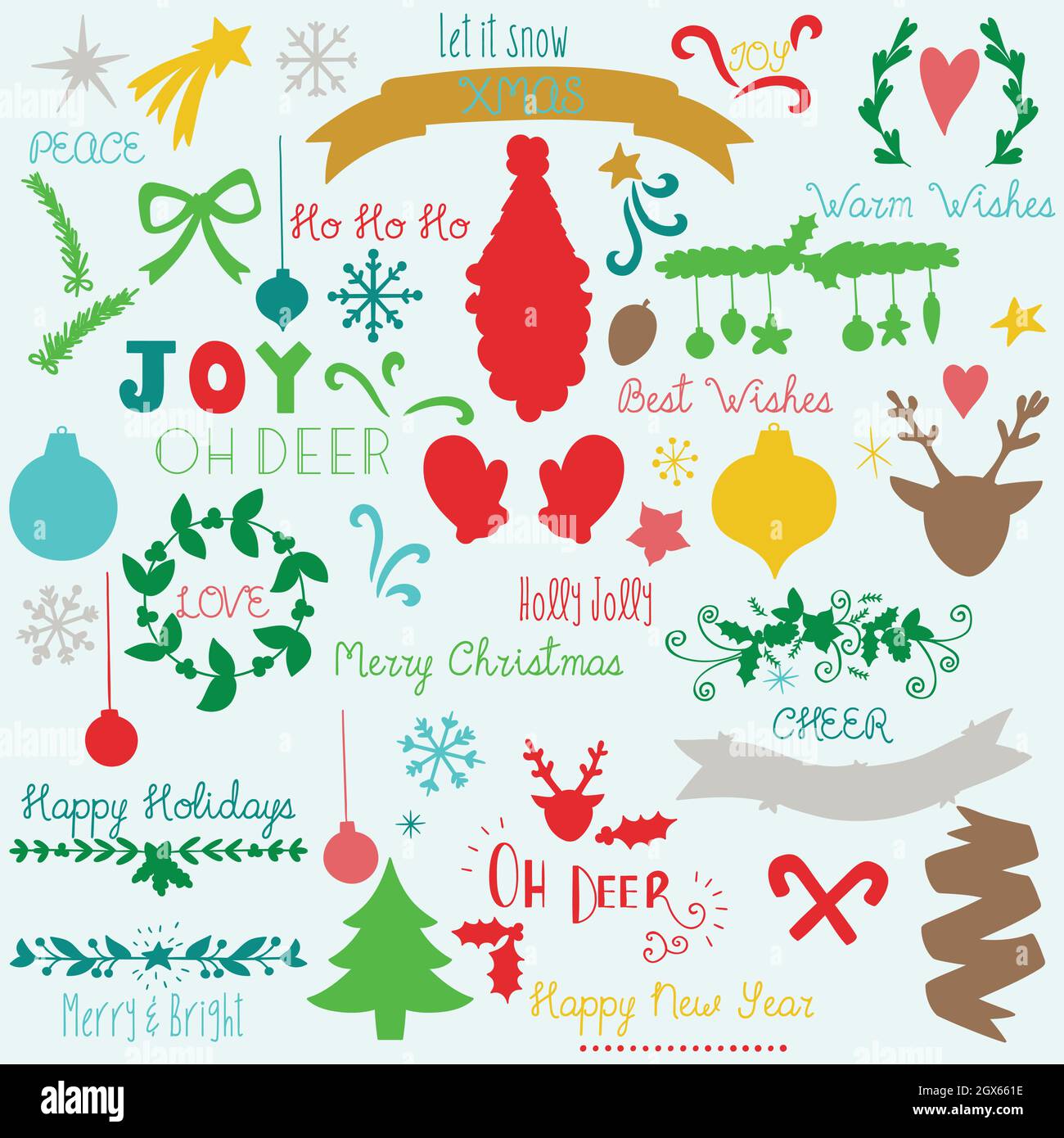 Handgezeichnete Weihnachtselemente. Weihnachtsdekoration, Baum, Weihnachtsmann, Rentiere, Ornament, Stern. Winter-Neujahrsparty. Farbige Silhouette. Stock Vektor
