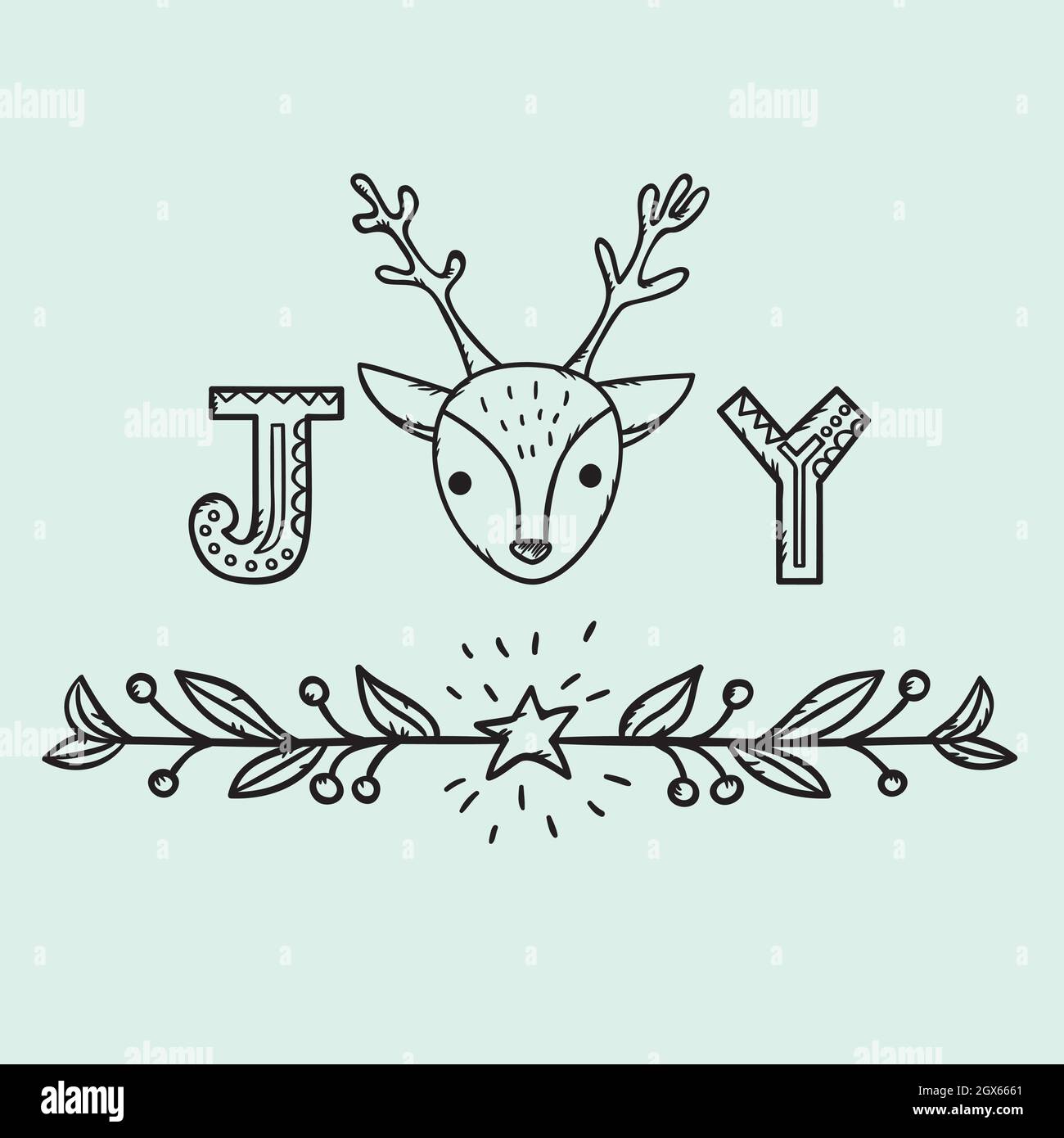 Handgezeichnete Weihnachtsmontage. Urlaubselemente, Rentiere, Kranz, Stern, Freude. Schwarz und Weiß. Stock Vektor