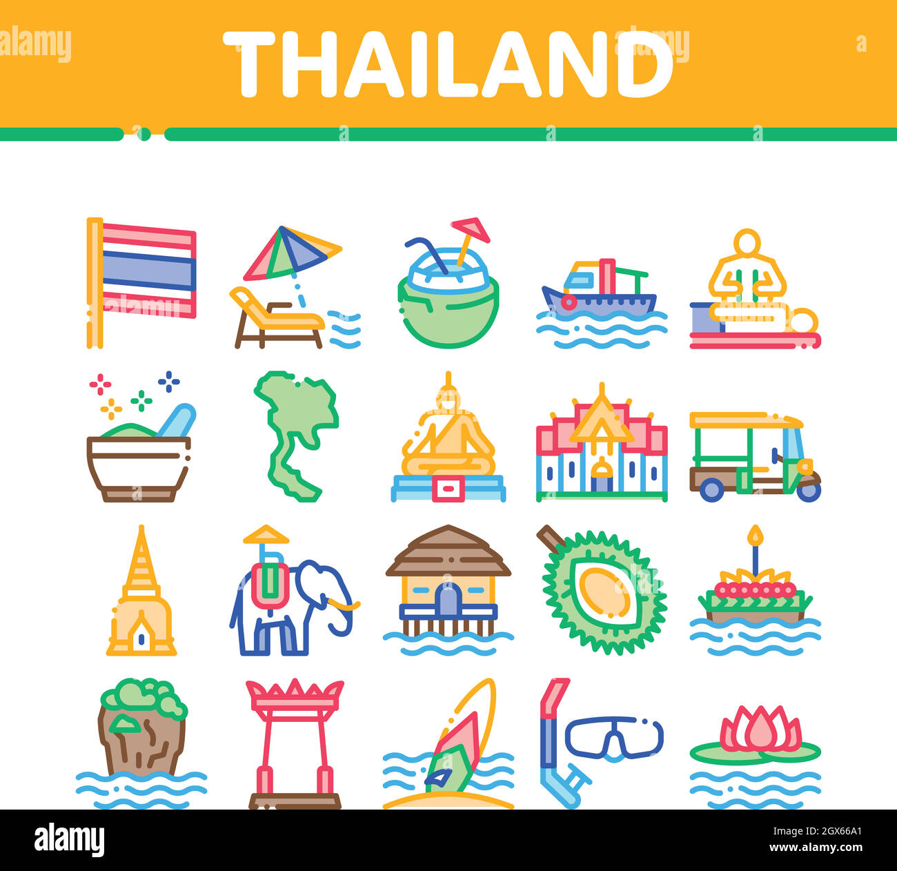 Thailand National Collection Icons Set Vector Stock Vektor