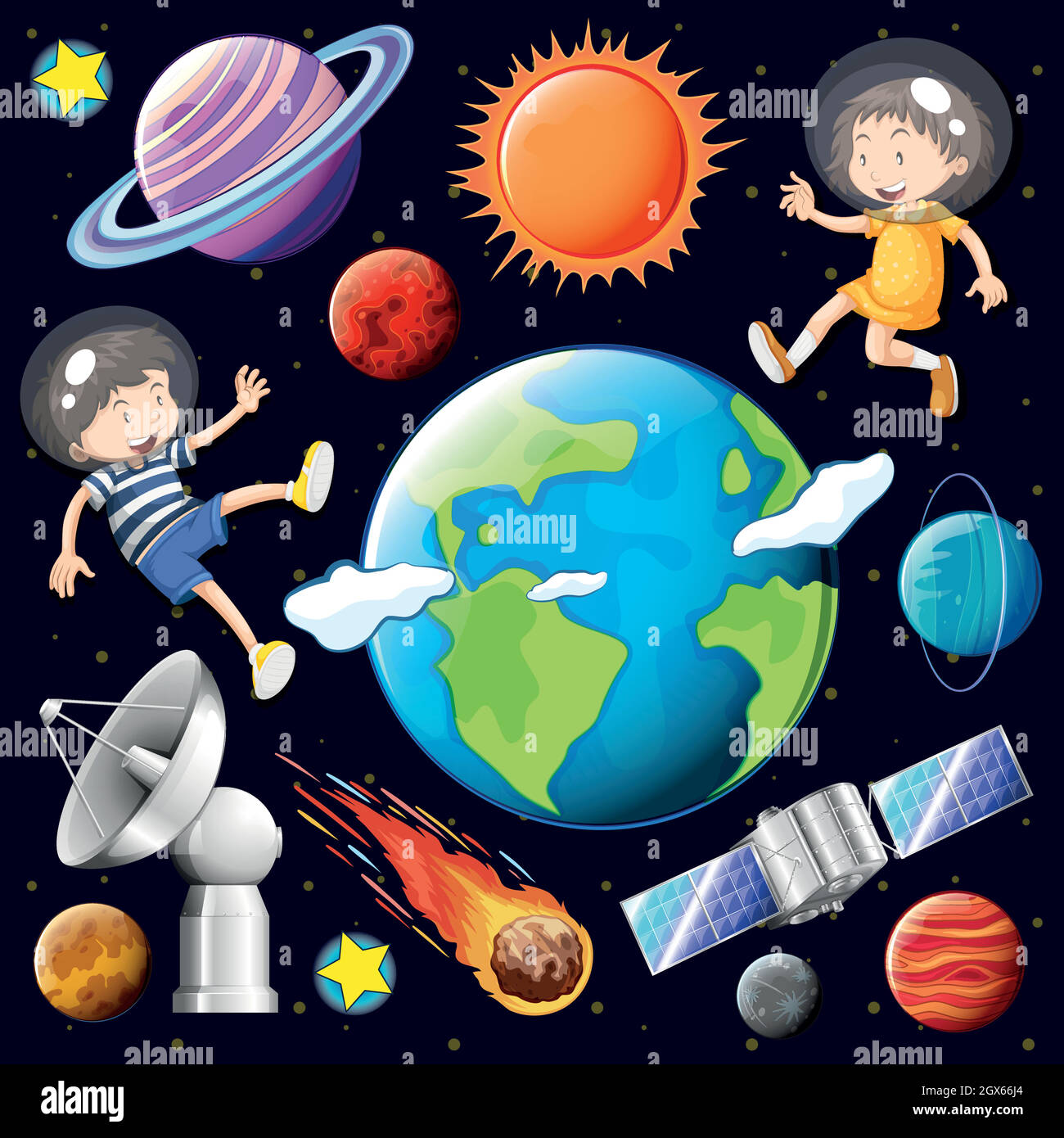 Junge und Mädchen fliegen im Weltraum mit vielen Planeten Stock Vektor