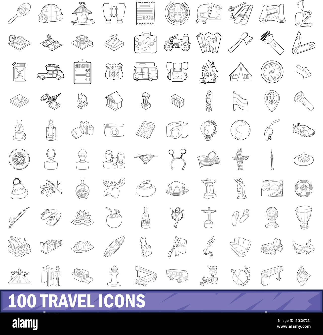 100 Symbole Reiseset, Umriss-Stil Stock Vektor