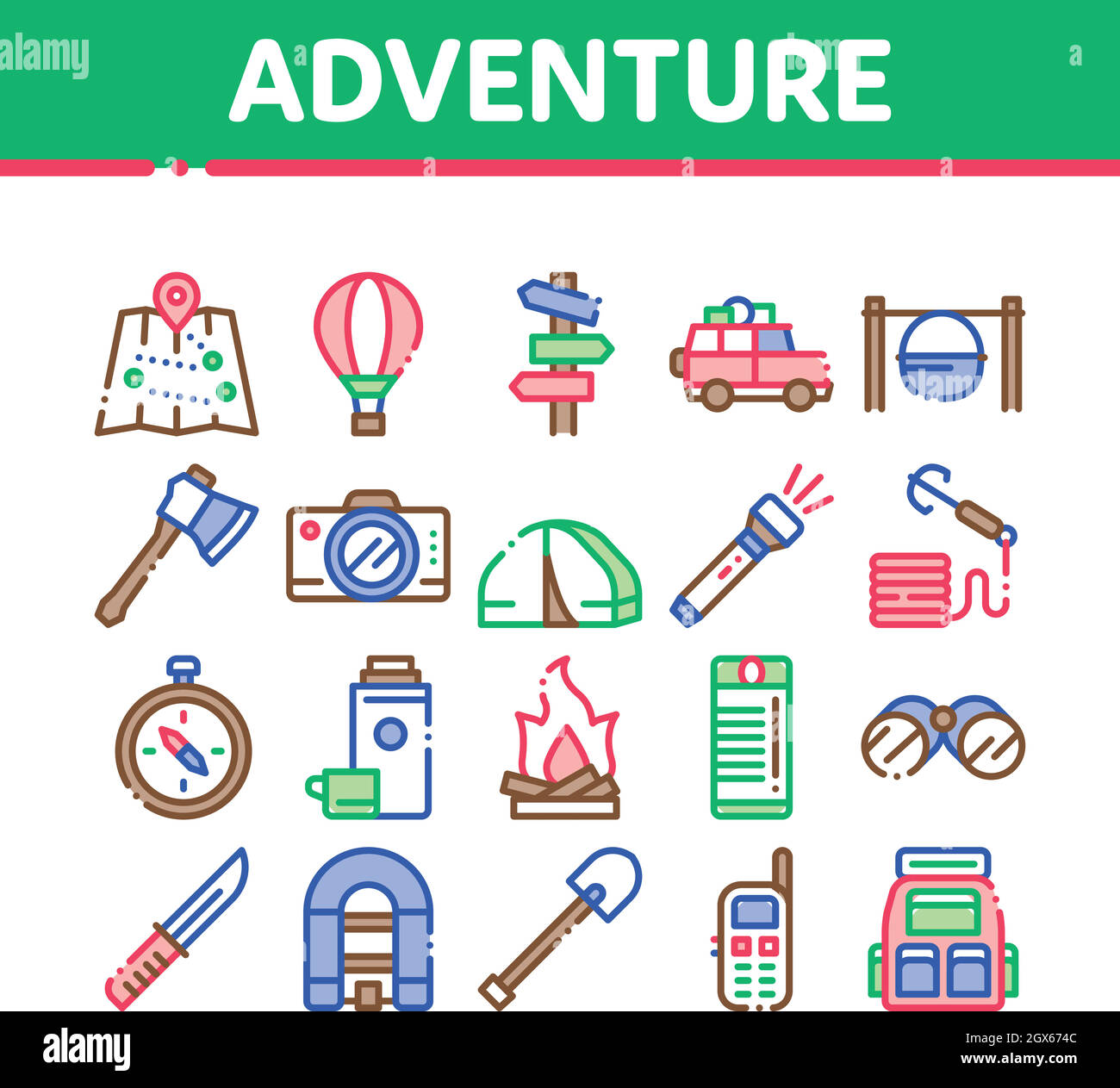 Adventure Collection Elemente Icons Set Vector Stock Vektor
