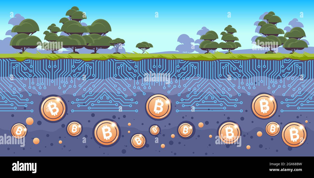 Unterirdischer Boden mit goldenen Bitcoin-Münzen Kryptowährung  Blockchain-Konzept Archäologie Landschaft Stock-Vektorgrafik - Alamy