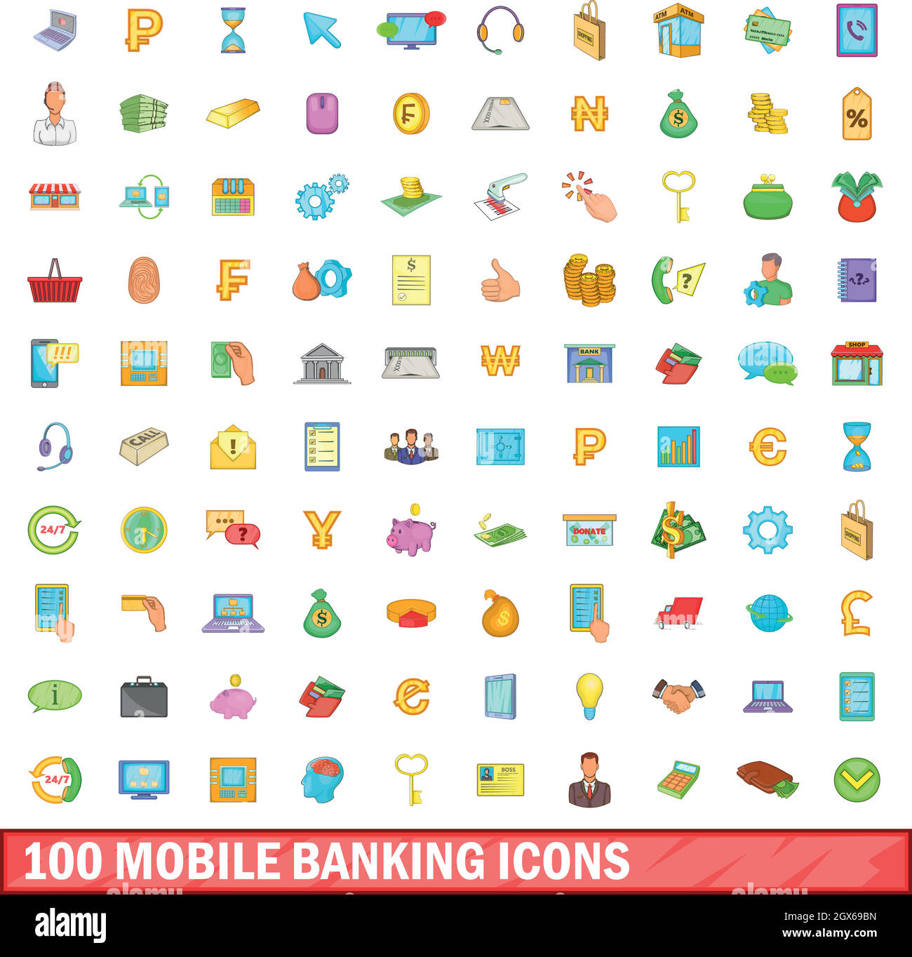 100 mobile cartoon banking Icons Set,-Stil Stock Vektor