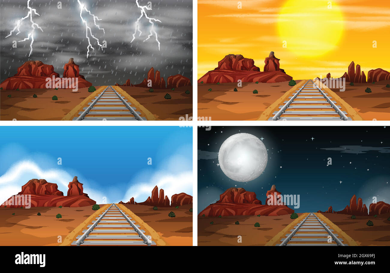 Set von Wüsten-Eisenbahn-Szenen Stock Vektor