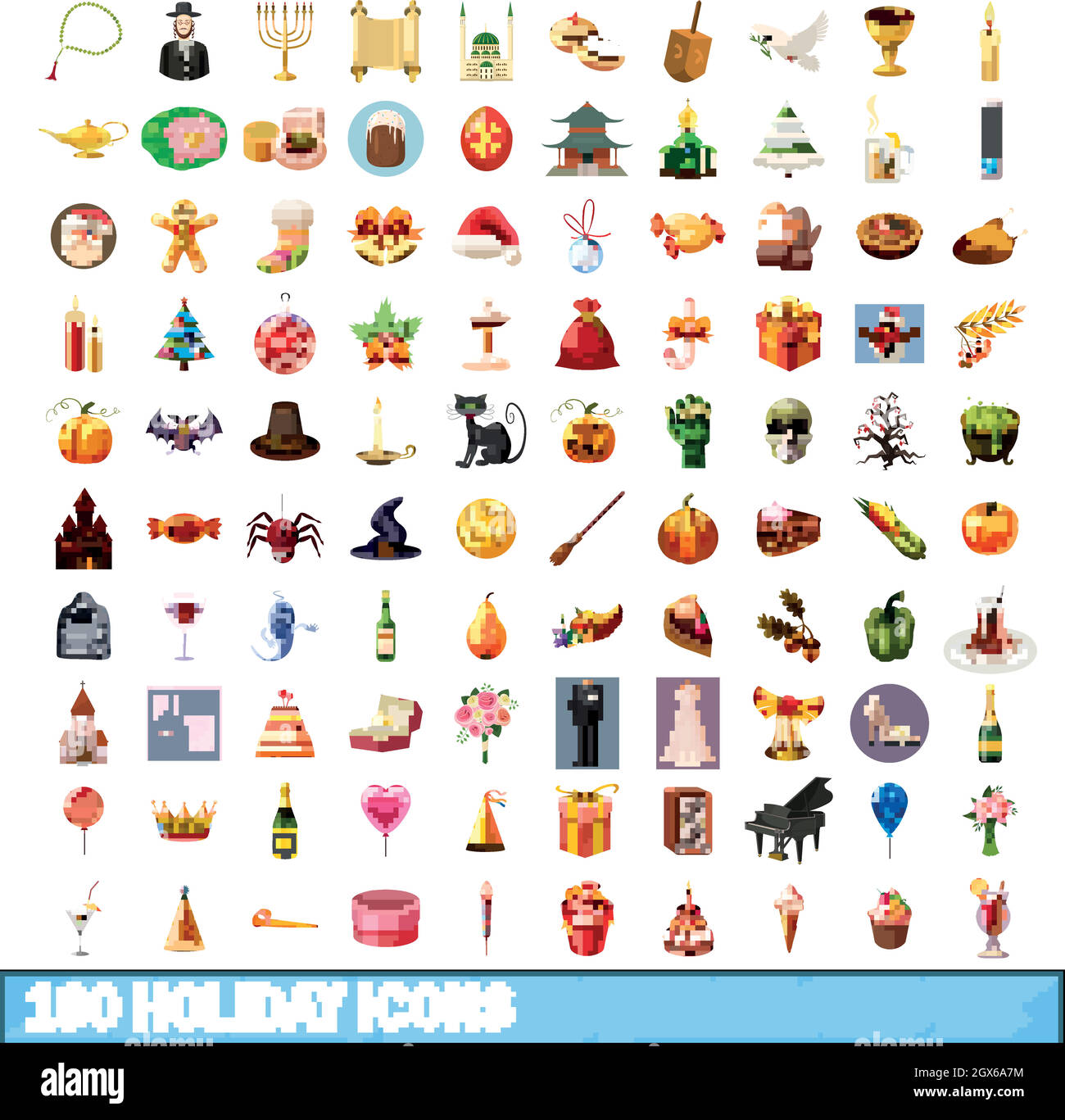 100 Urlaubssymbole im Cartoon-Stil Stock Vektor