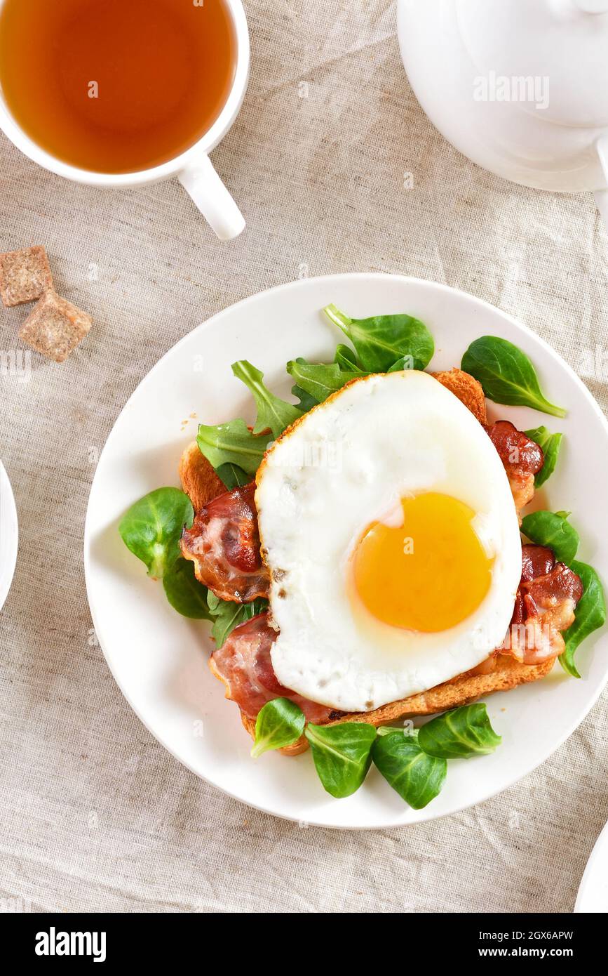 Offenes Sandwich mit Spiegeleiern, Speck und Gemüseblättern auf dem Teller über hellem Hintergrund. Draufsicht, flach liegend Stockfoto