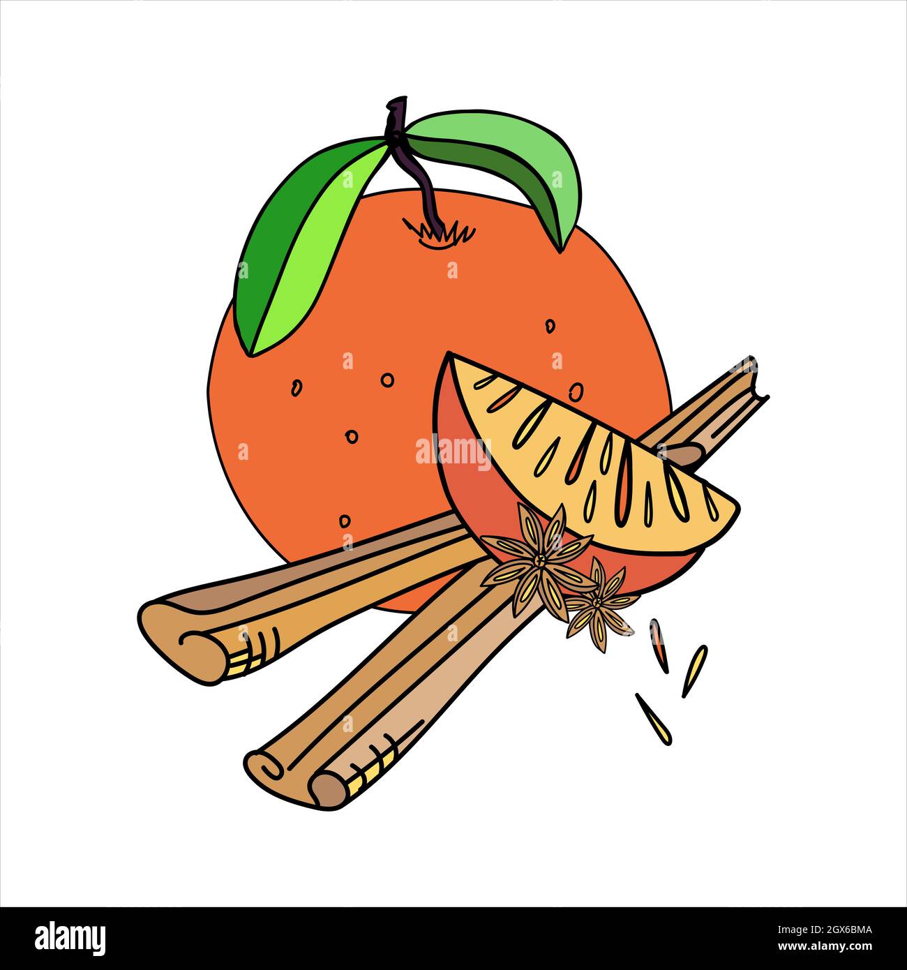Vektor-Illustration von Orange mit orangefarbenem Keil und Zimt im Doodle-Stil. Stock Vektor
