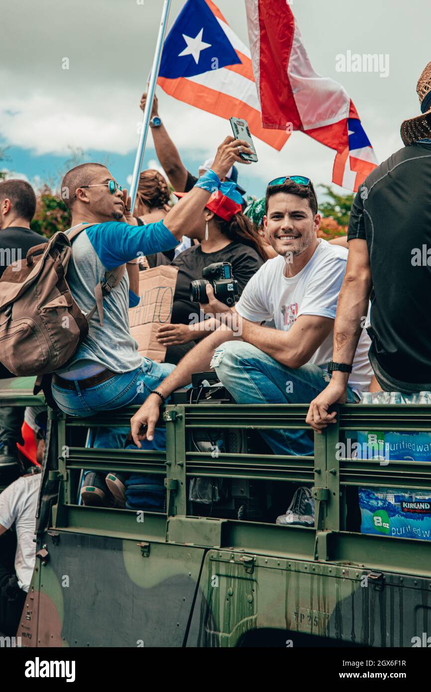 SAN JUAN, PUERTO RICO - 23. Jul 2019: Die Proteste, die Gouverneur Ricardo Rosello zum Rücktritt in Puerto Rico forderten Stockfoto