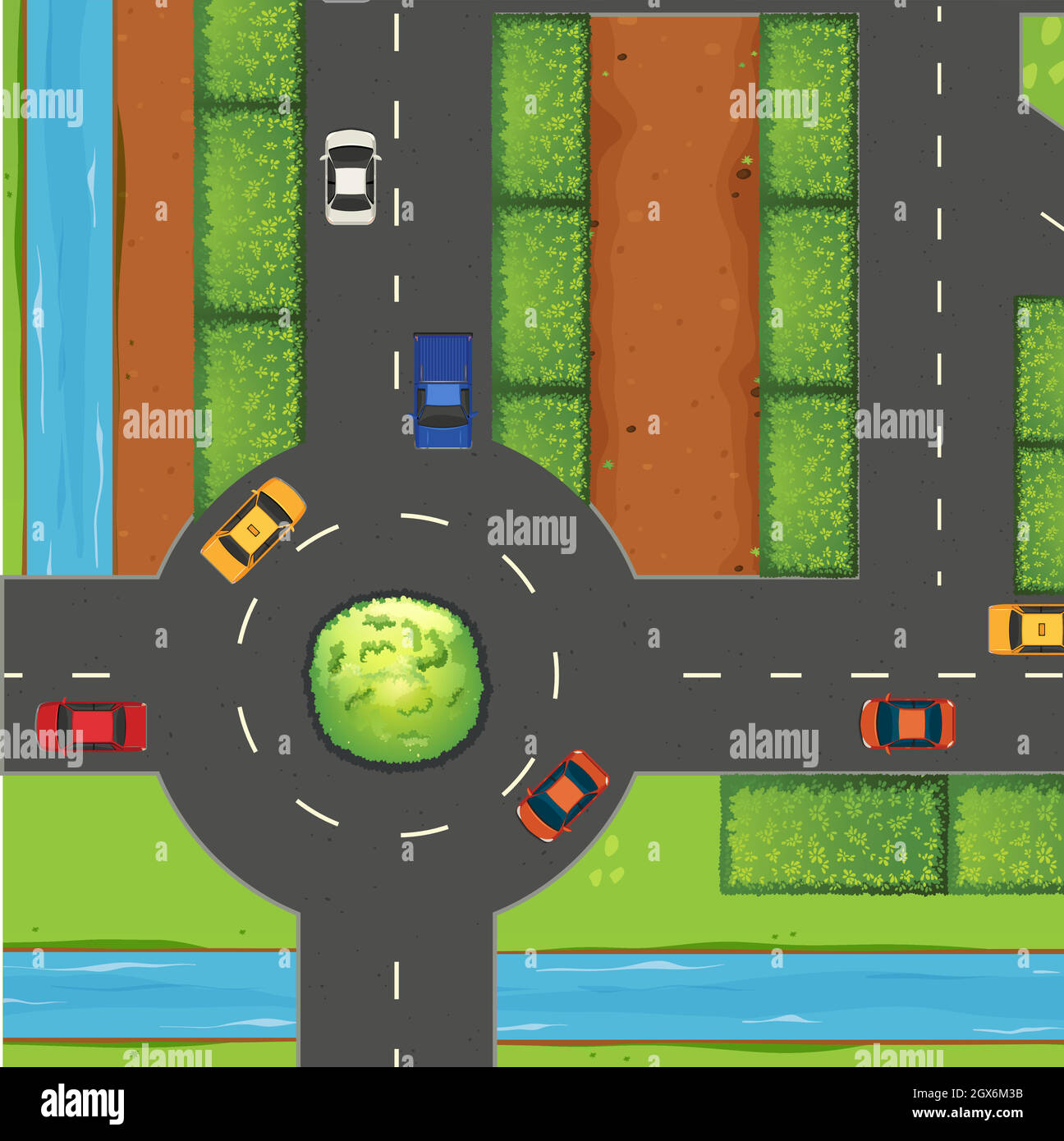 Blick von oben auf die Straße und den Kreisverkehr Stock Vektor