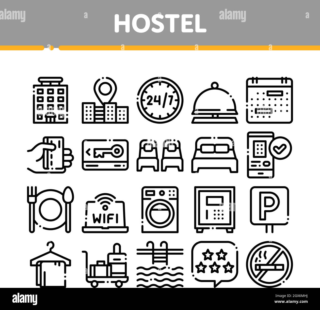 Sammlung Hostel Elemente Vektor Zeichen Symbole gesetzt Stock Vektor