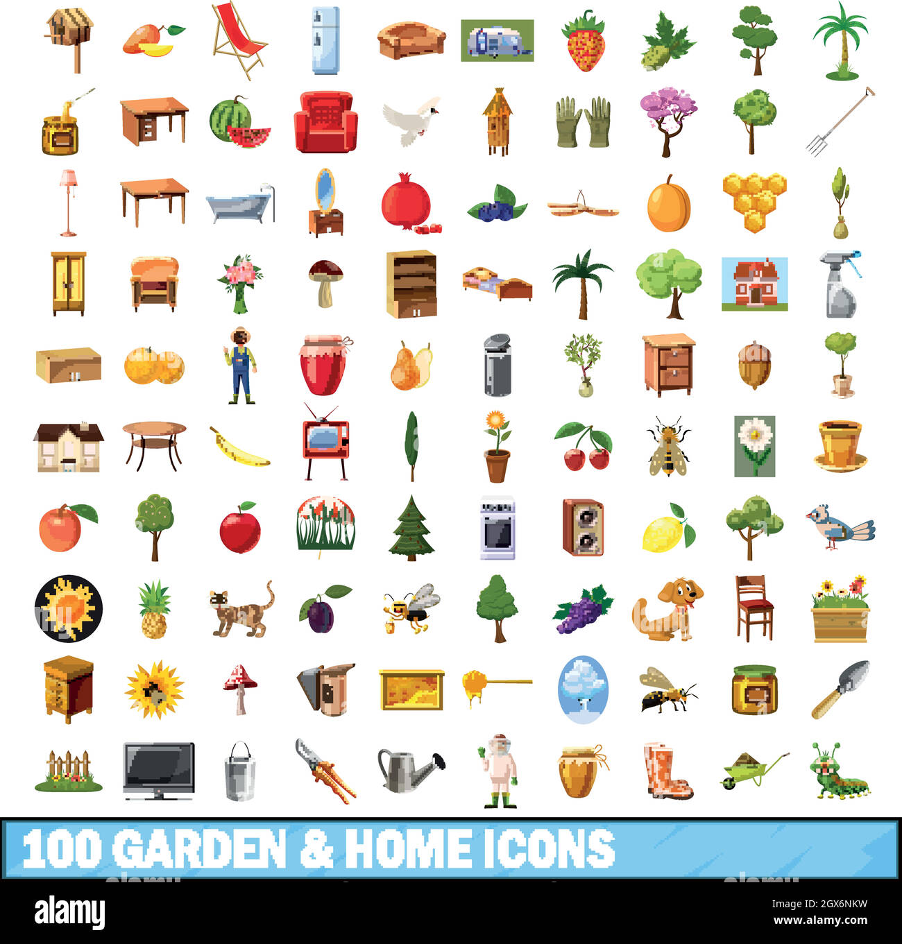 100 Garten- und Heimsymbole, Cartoon-Stil Stock Vektor