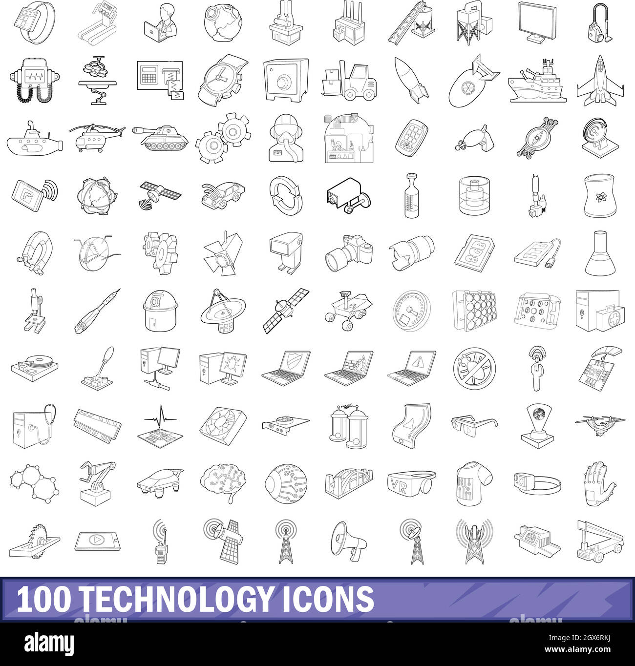 100 Technologie Icons Set, Umriss-Stil Stock Vektor