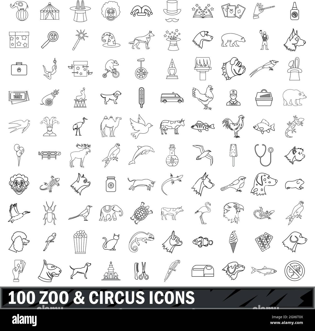 100 Zoo- und Zirkus-Ikonen, Umriss-Stil Stock Vektor