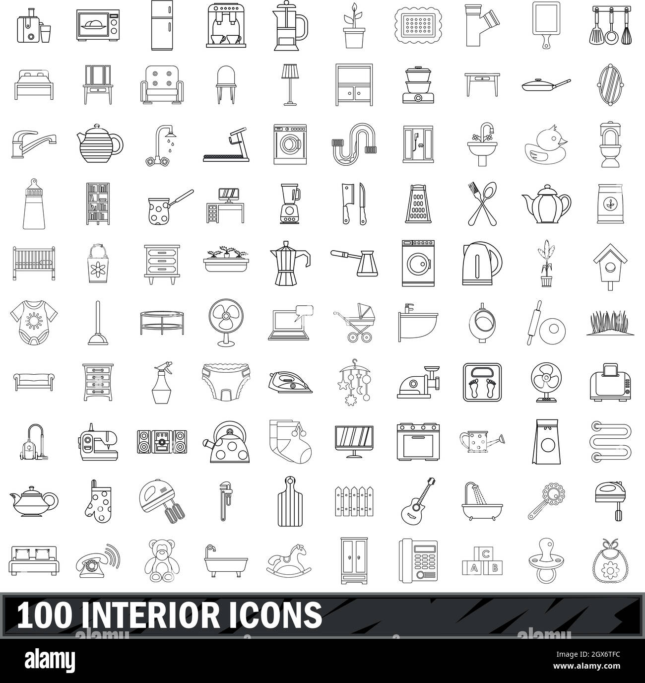 100 Symbole für den Innenraum, Umrissstil Stock Vektor