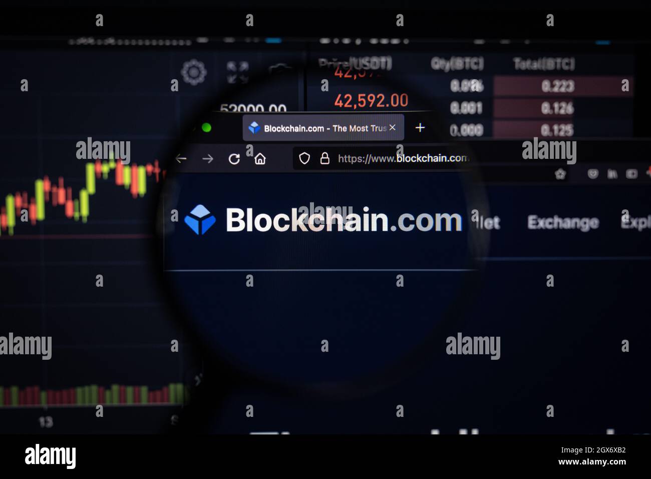 Blockchain.com Firmenlogo auf einer Website mit verschwommenen Börsenentwicklungen im Hintergrund, auf einem Computerbildschirm durch eine Lupe gesehen Stockfoto