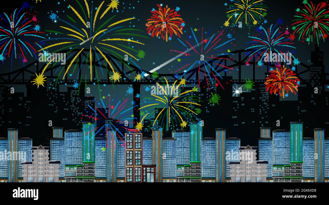 Stadtbild mit Feuerwerk-Szene Stock Vektor