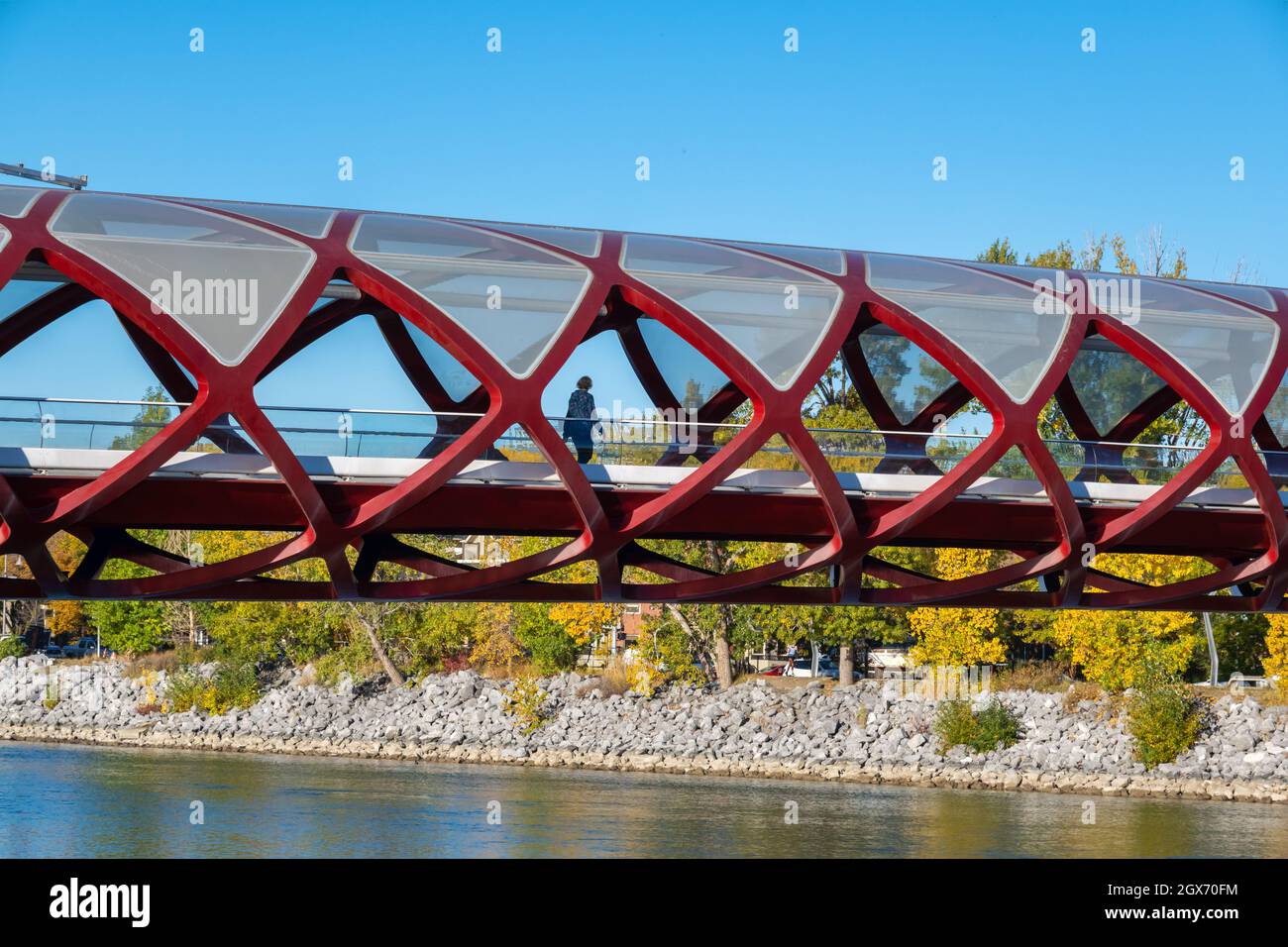 Calgary, Alberta, Kanada - 27. September 2021: Blick auf die Friedensbrücke (entworfen von Santiago Calatrava) in der Herbstsaison Stockfoto