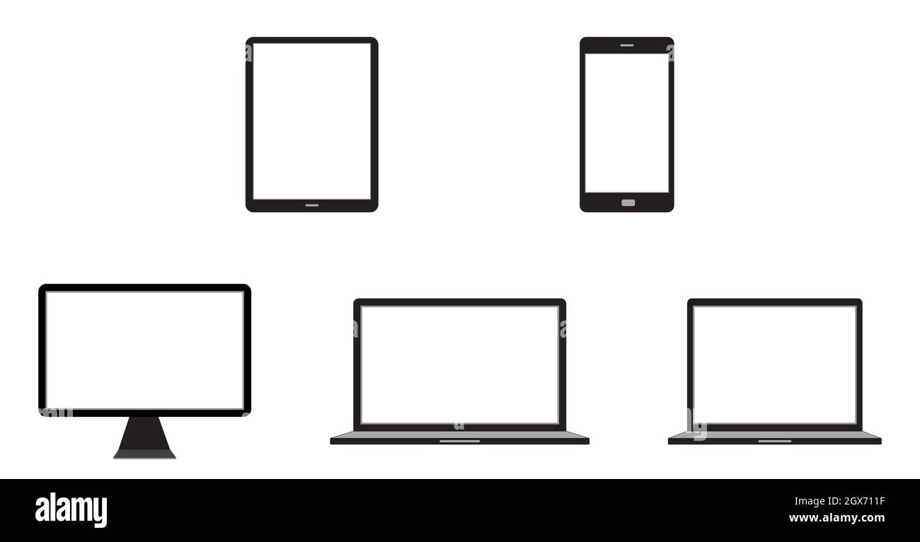 Sammlung von elektronischen Geräten von Desktop-Computer, Laptop, Tablet und Mobiltelefon auf weißem Hintergrund - Vektor-Illustration Stock Vektor