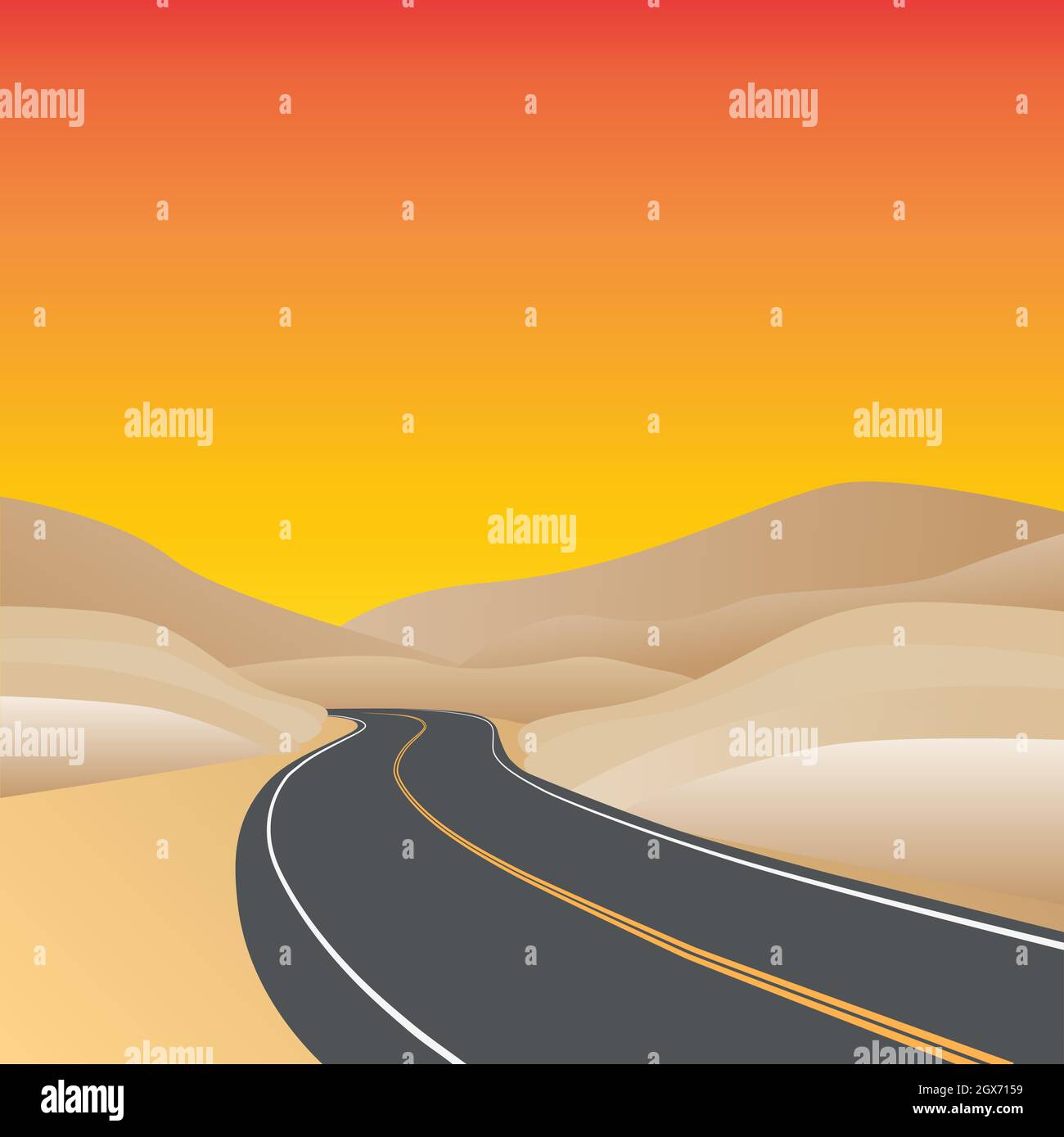Kurvige Autobahn in einer Wüstenlandschaft mit Sonnenuntergangsfarben - Vektor-Illustration Stock Vektor