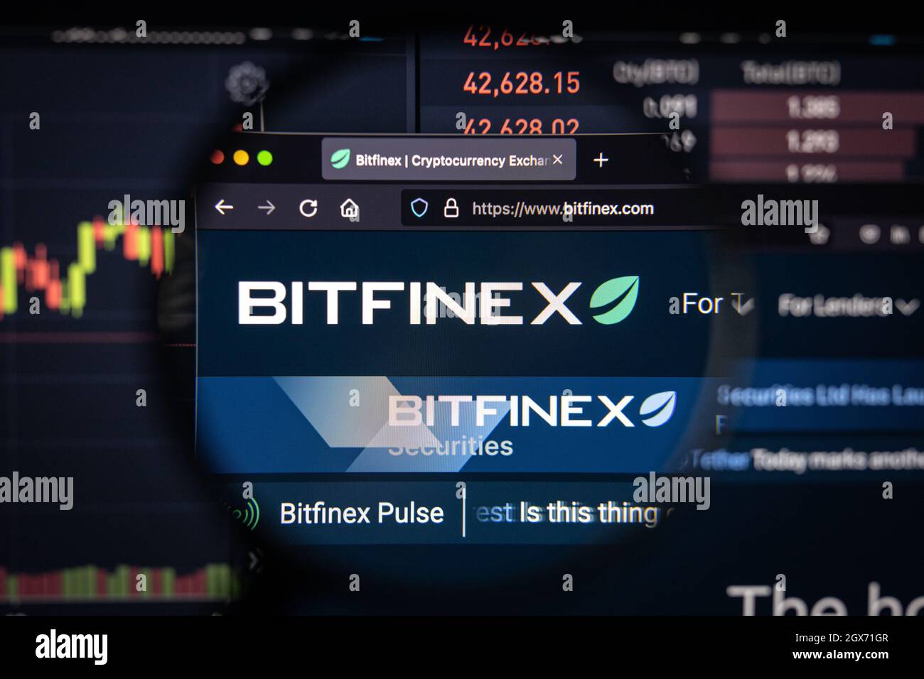 Bitfinex Crypto exhcnage-Logo auf einer Website mit verschwommenen Börsenentwicklungen im Hintergrund, auf einem Computerbildschirm gesehen Stockfoto