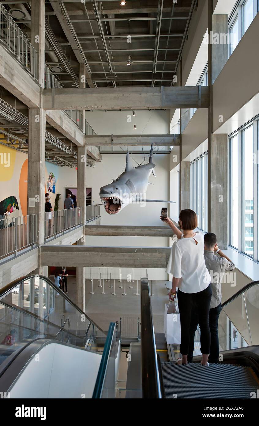 Menschen auf der Rolltreppe machen Handyfotos des Shark-Modells von Jaws, das im Academy Museum of Motion Picturs in Los Angeles, CA, ausgestellt ist Stockfoto