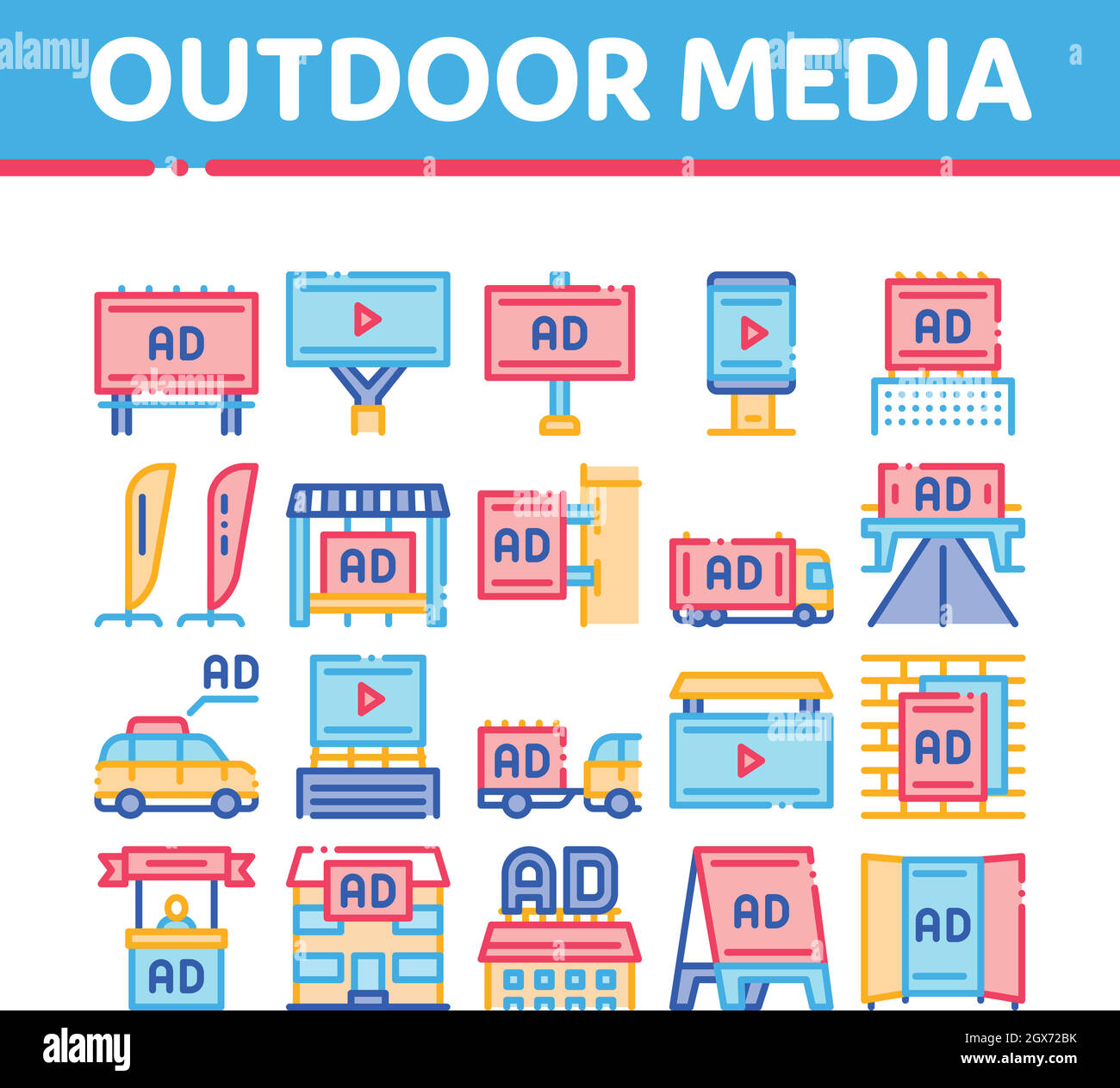 Outdoor-Medien Werbung Promo Icons Set Vektor Stock Vektor