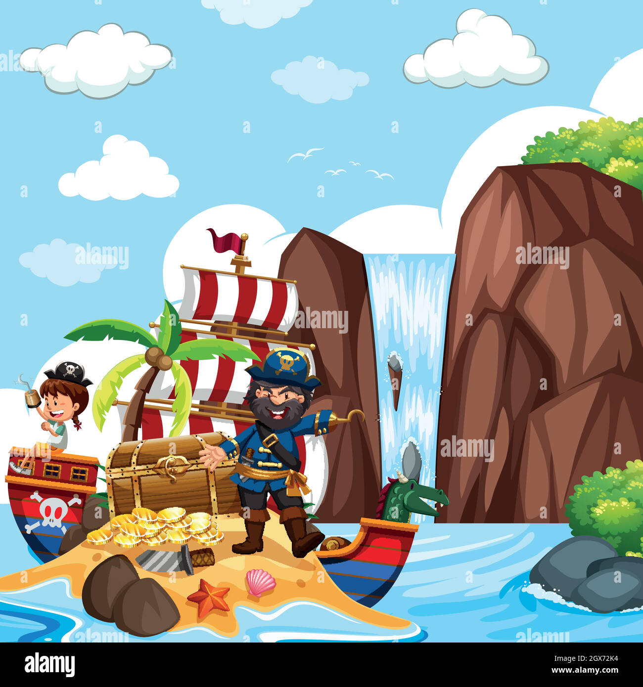 Szene mit Piraten und Schatzkiste am Wasserfall Stock Vektor