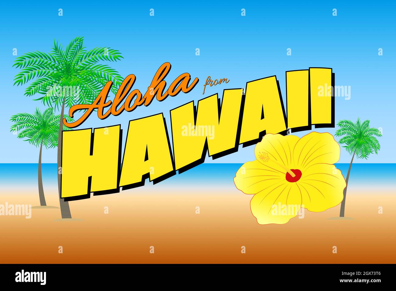 Aloha aus Hawaii Postkarten-Design in heller Farbe - Illustration Stockfoto