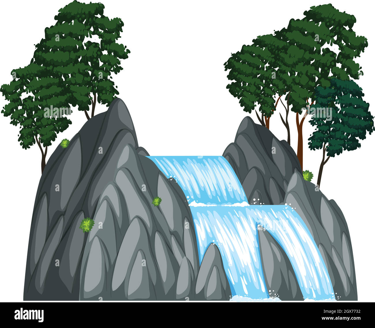 Wasserfall mit zwei Bäumen auf dem Felsen Stock Vektor