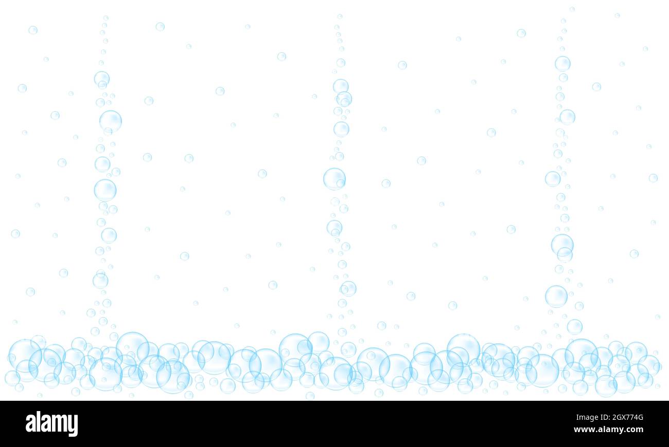 Blaue Unterwasserblasen isoliert auf weißem Hintergrund. Kohlensäurehaltiges Getränk, Seifenlauge, Meeresschaum, Wasserströmung im Aquarium. Vektor-realistische Darstellung. Stock Vektor