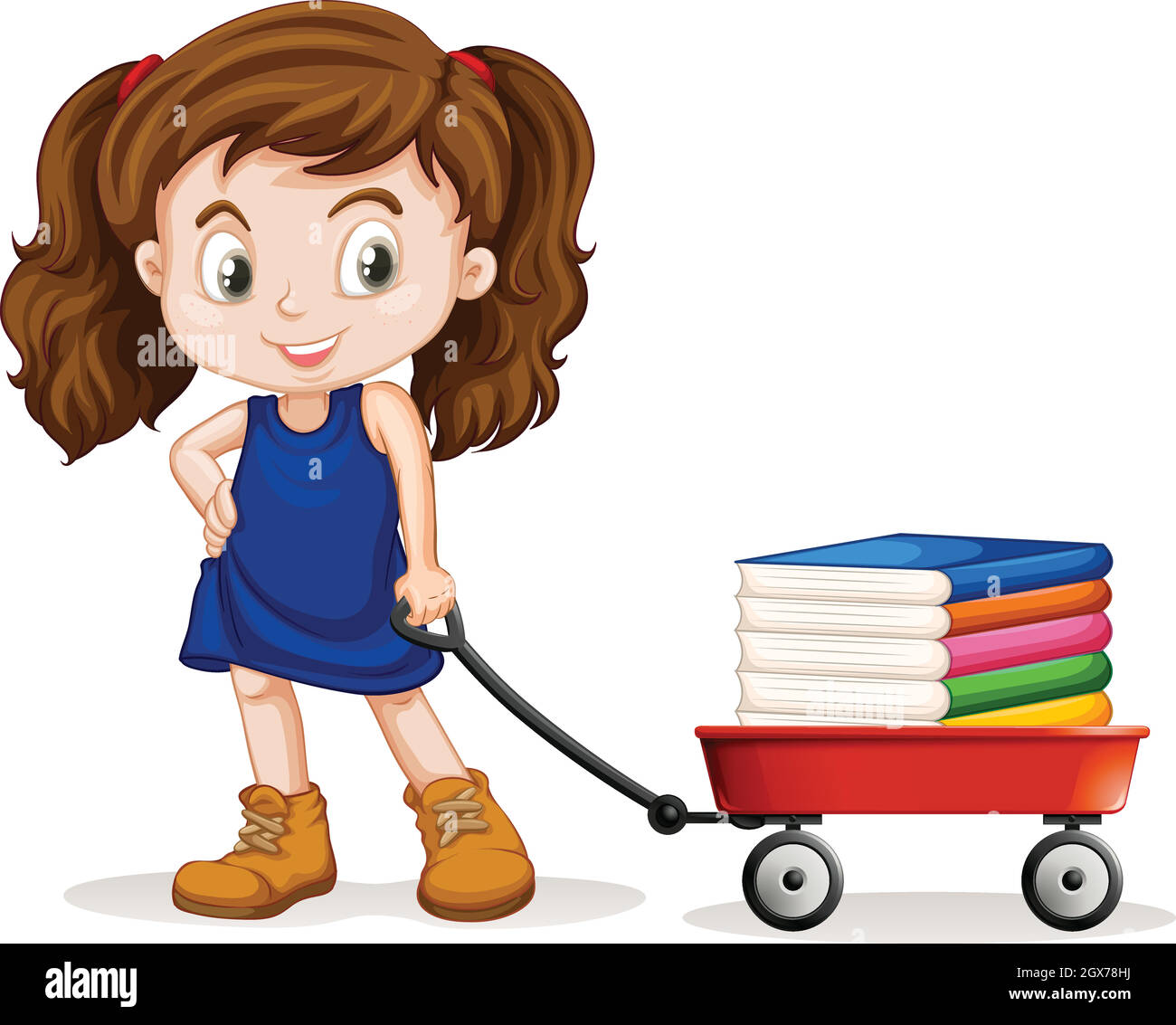 Kleines Mädchen zieht Wagen voller Bücher Stock Vektor