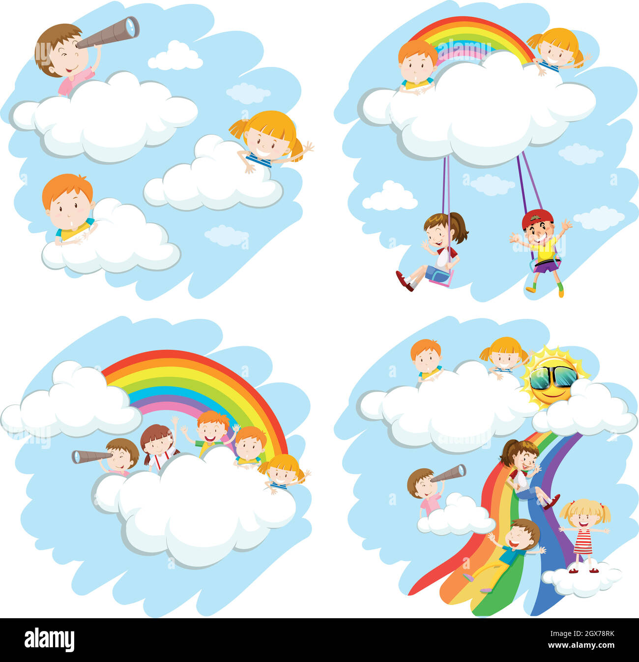 Glückliche Kinder auf flauschigen Wolken und Regenbogen Stock Vektor