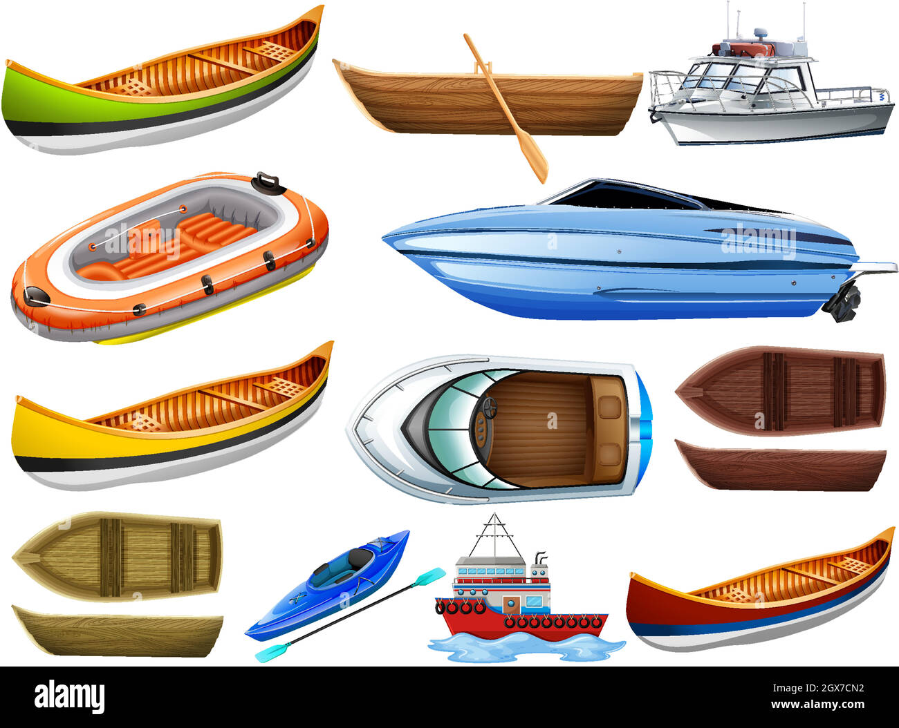 Set von verschiedenen Arten von Booten und Schiff isoliert auf weißem Hintergrund Stock Vektor