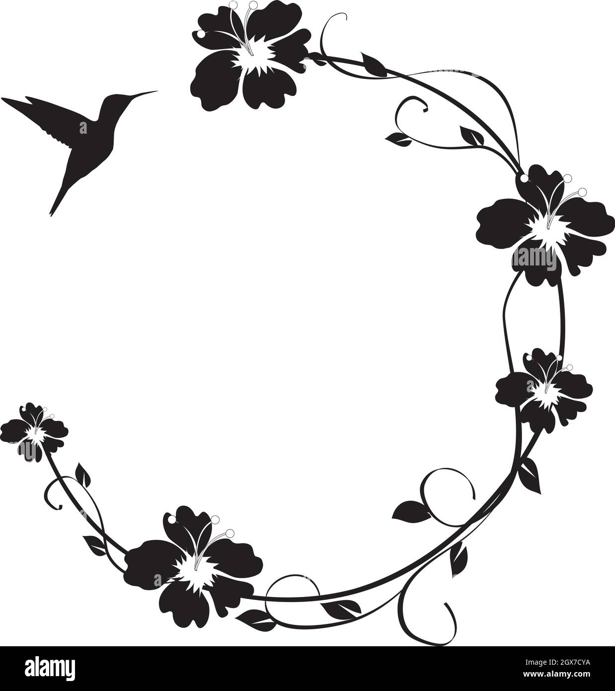 vektor-Illustration eines floralen Rahmens mit einem Kolibri. Vogel Silhouette. Stock Vektor