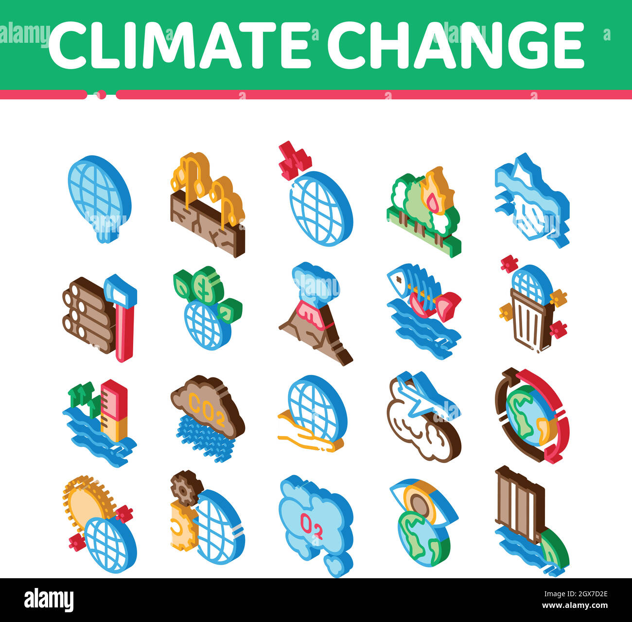 Klimawandel Ökologie Isometrische Symbole Set Vector Stock Vektor