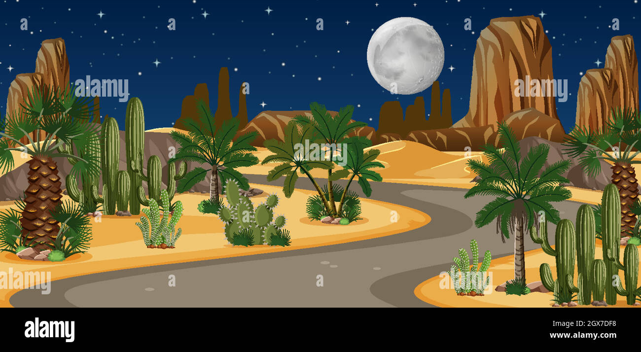 Wüstenoase mit langer Straßenlandschaft bei Nacht Stock Vektor