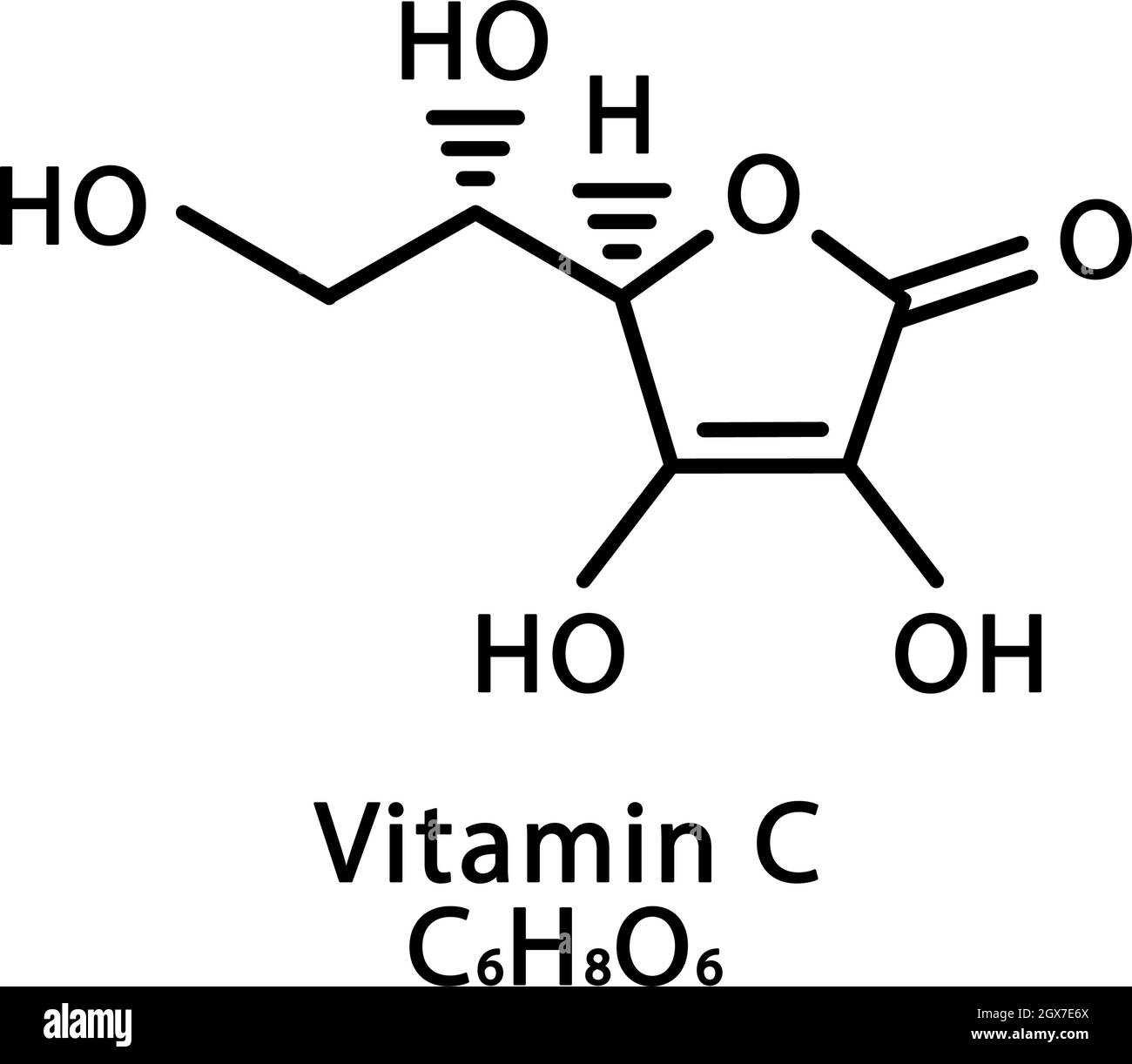 Molekulare Struktur von Vitamin C Ascorbinsäure. Vitamin C Ascorbinsäure Skelett chemische Formel. Chemische Molekülformeln Stock Vektor