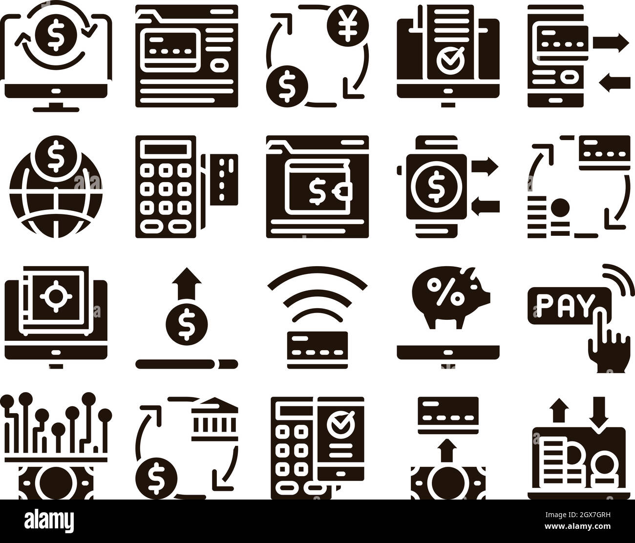 Online-Transaktionen Glyphen Icons Set Vector Stock Vektor