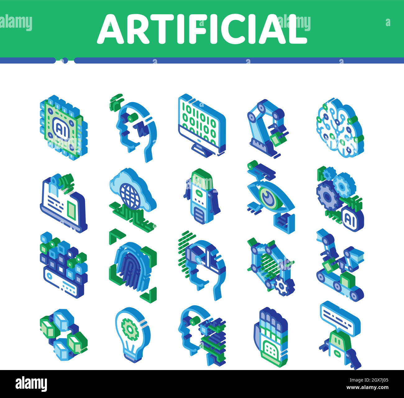 Artifizielle Intelligenz Vektor Isometrische Symbole Gesetzt Stock Vektor