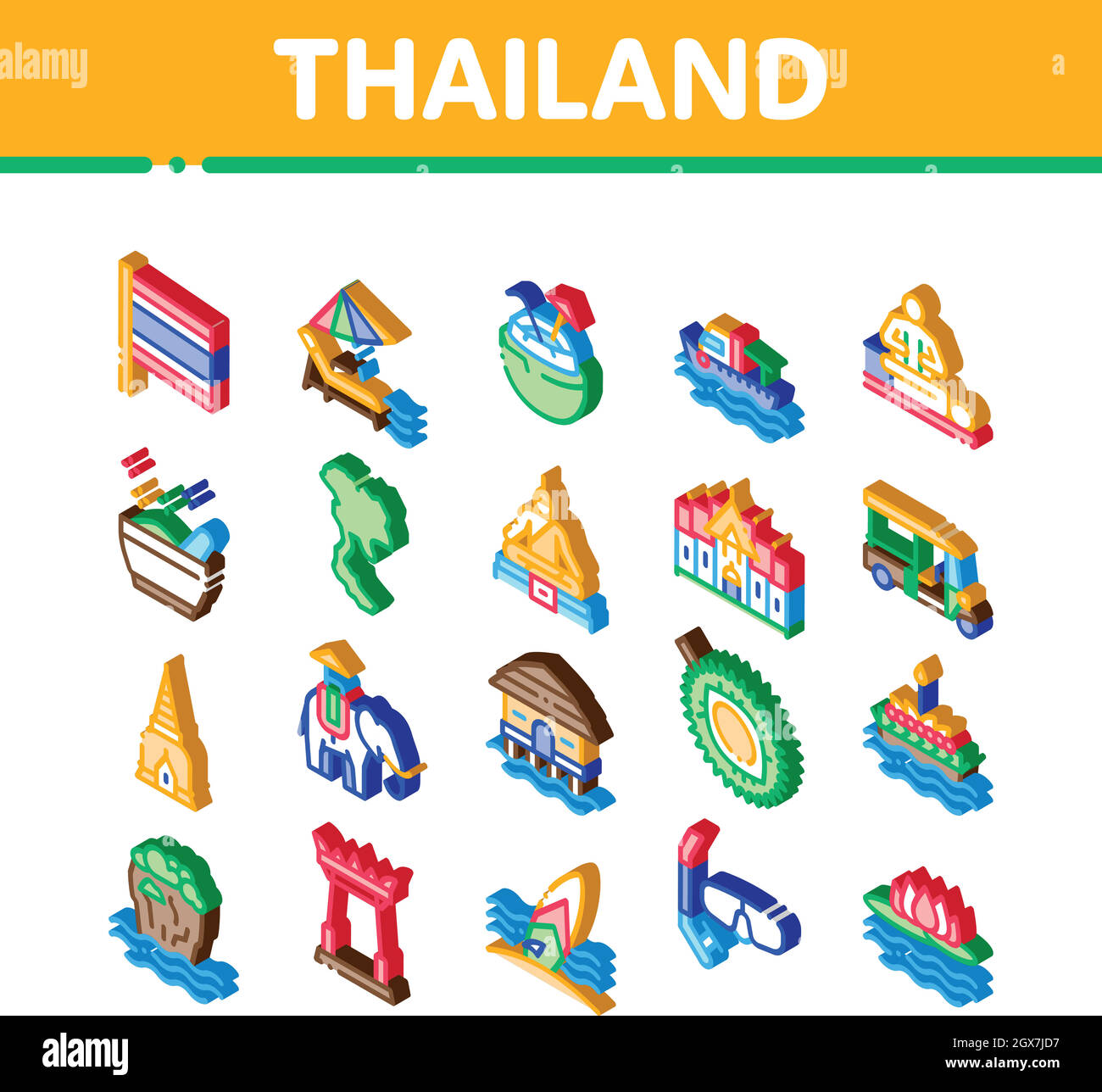 Thailand National Isometrische Symbole Set Vektor Stock Vektor