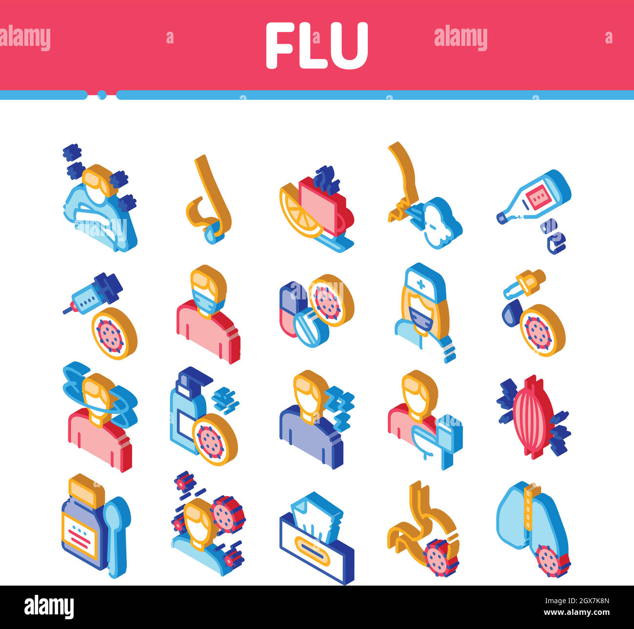 Grippe Symptome Medizinische Isometrische Symbole Set Vektor Stock Vektor