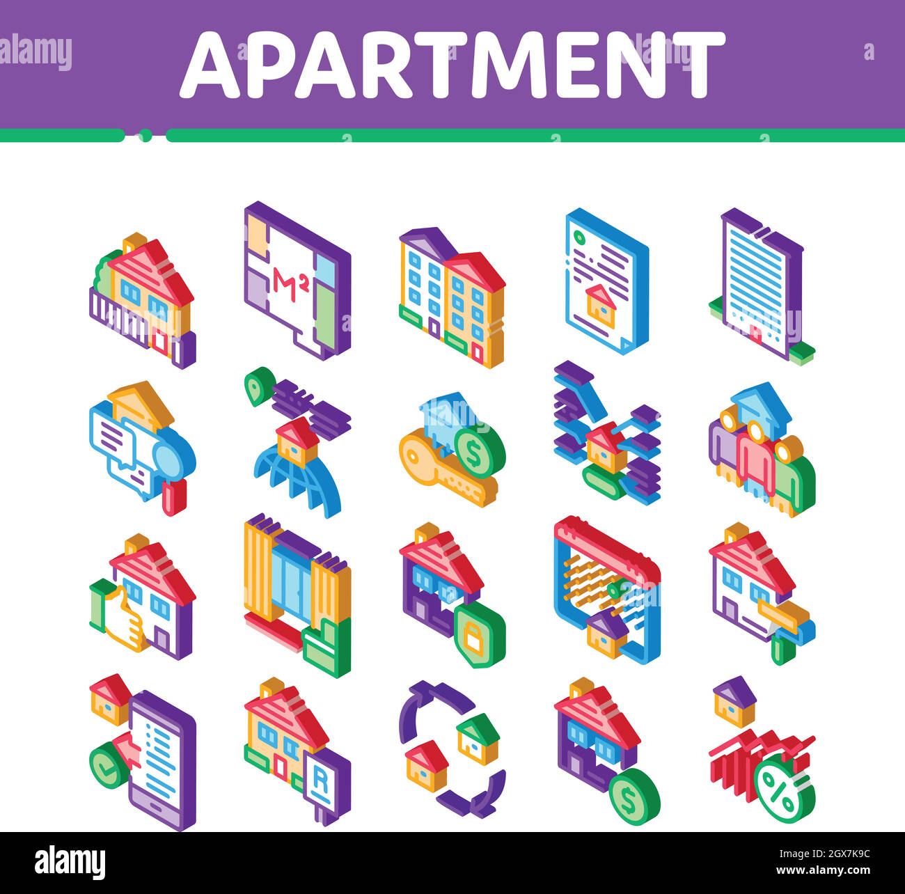 Apartment Gebäude Isometrische Symbole Set Vektor Stock Vektor