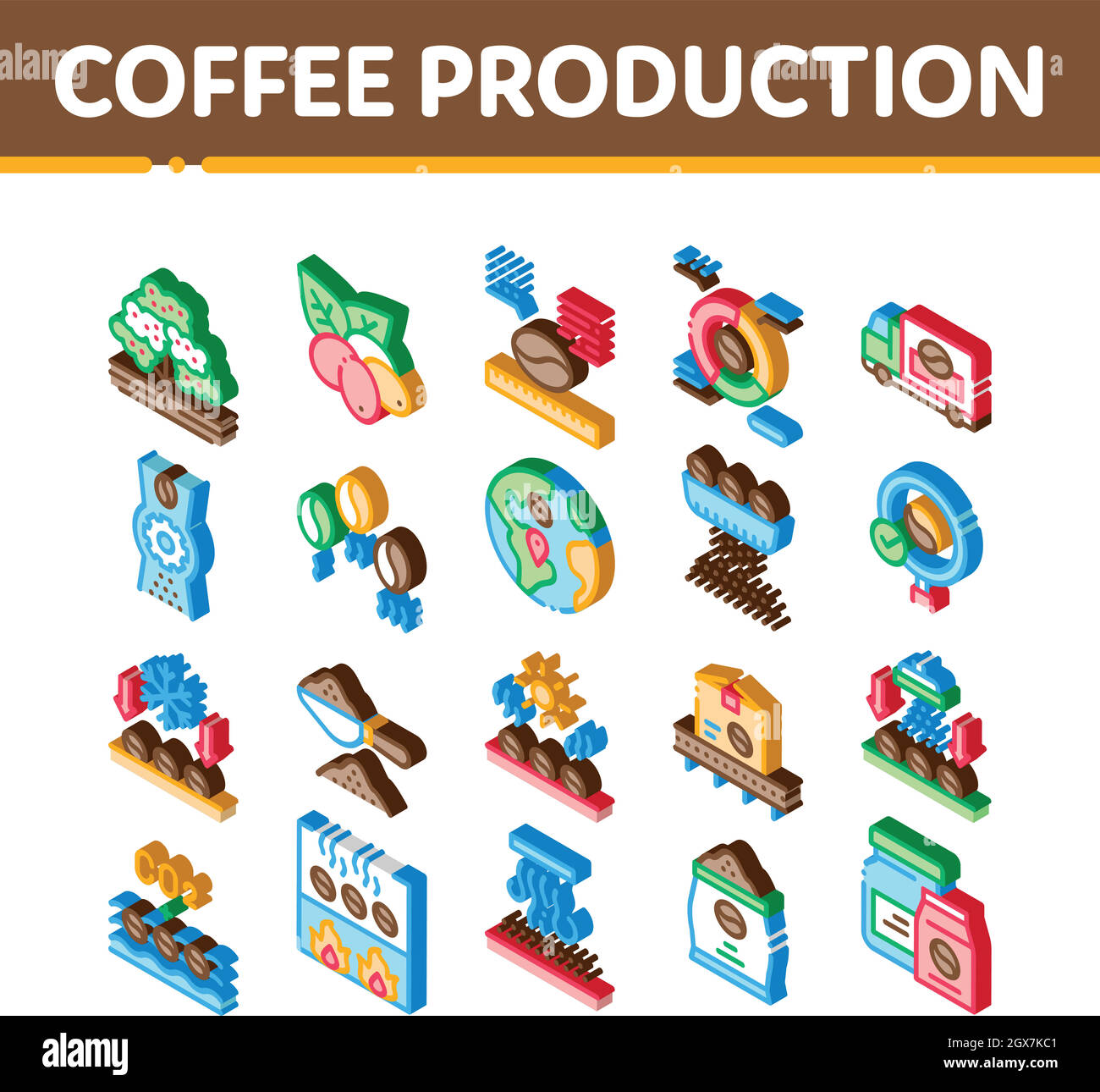Kaffee Produktion Isometrische Symbole Set Vektor Stock Vektor
