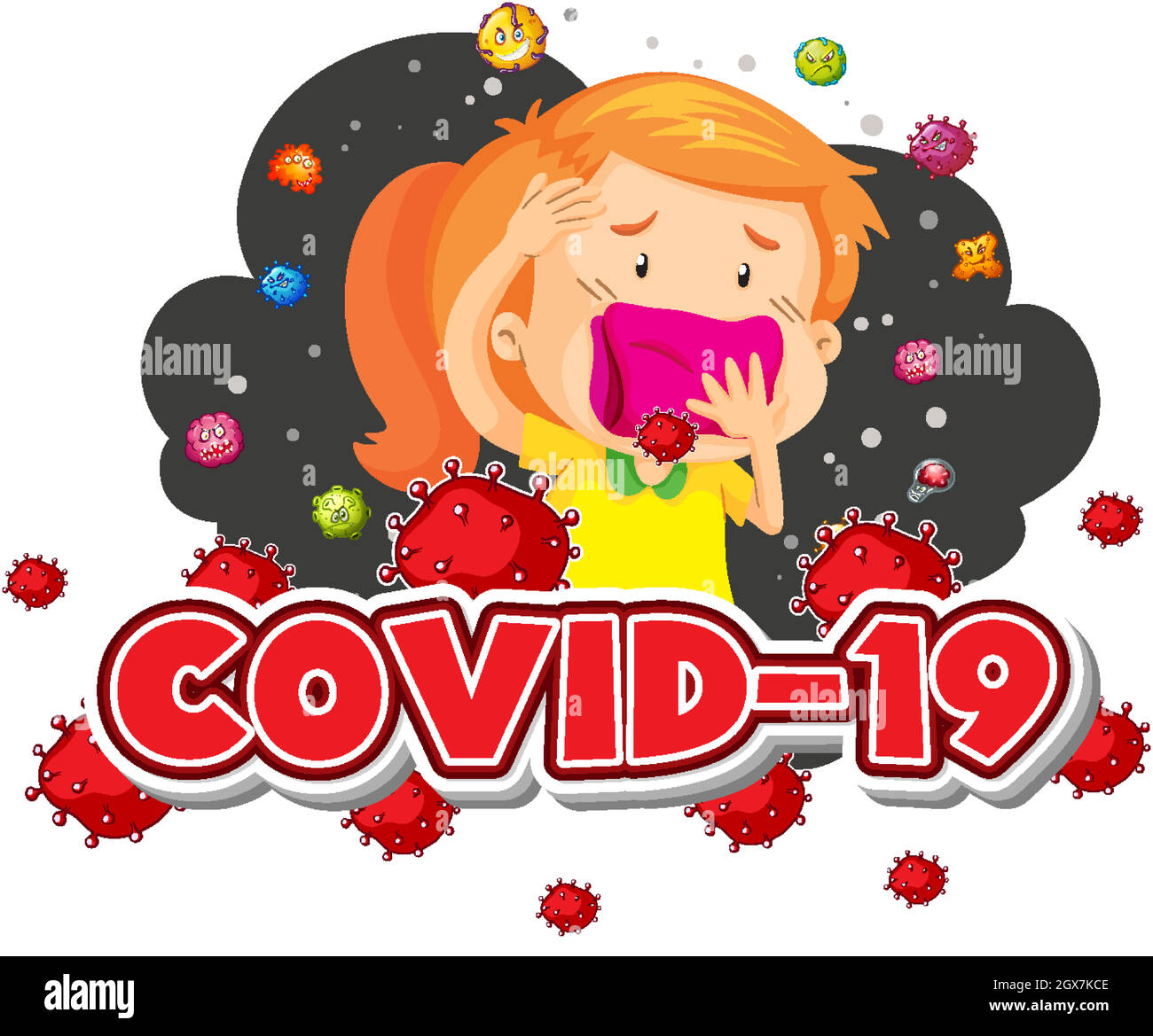 Covid 19 Zeichen Vorlage Mädchen und viele Viren im Hintergrund Stock Vektor