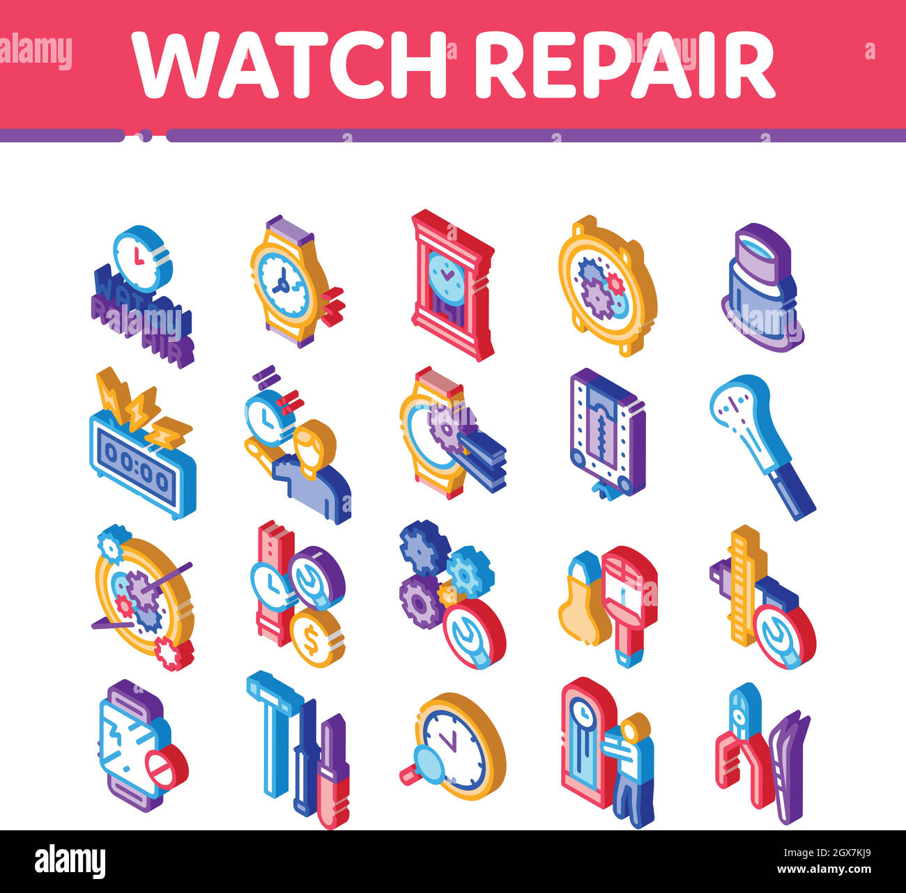 Watch Repair Service Isometrische Symbole Set Vector Stock Vektor