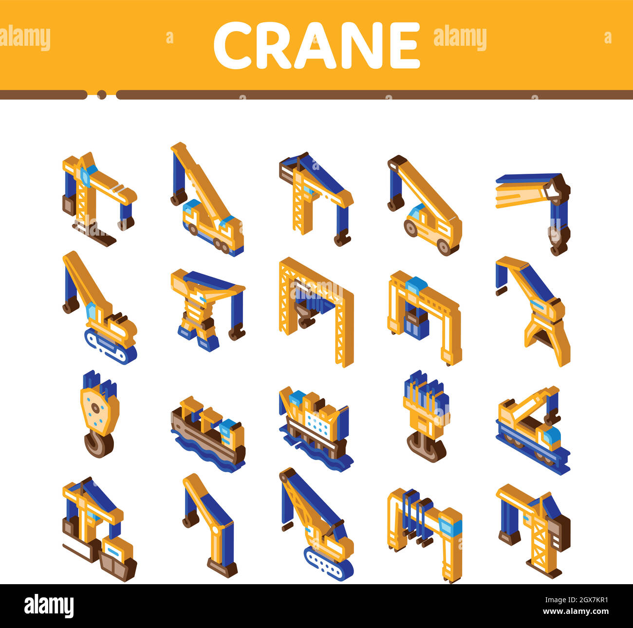 Kran Gebäude Maschine Isometrische Symbole Set Vektor Stock Vektor
