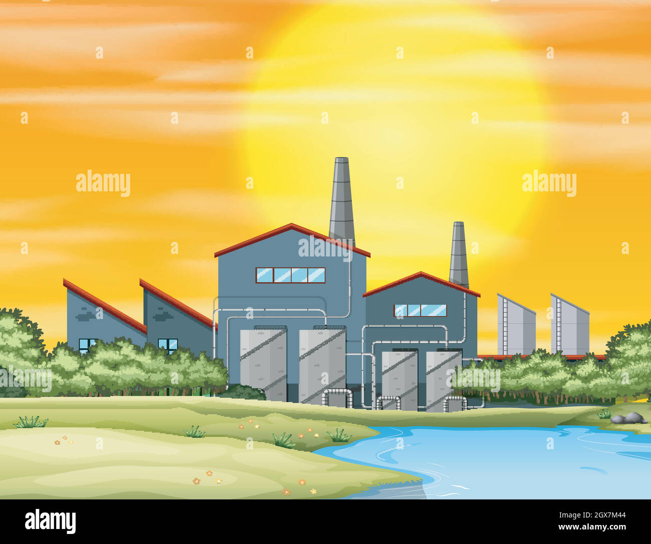Fabrik mit Verschmutzung bei Sonnenuntergang Stock Vektor