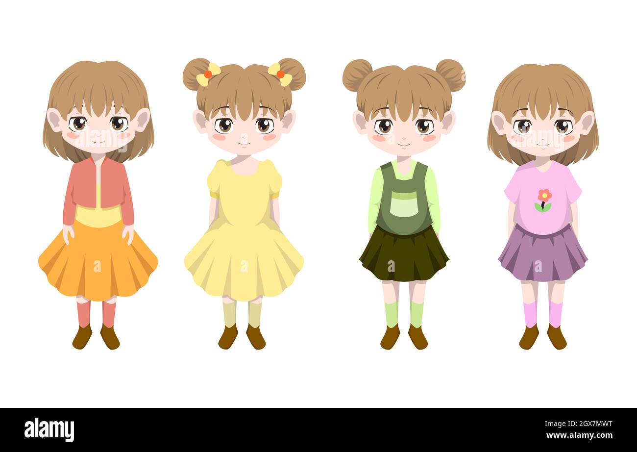 Kleines Mädchen Kind Kind Stehende Kleidung Haar Vorne Vektor Cartoon-Set Stock Vektor
