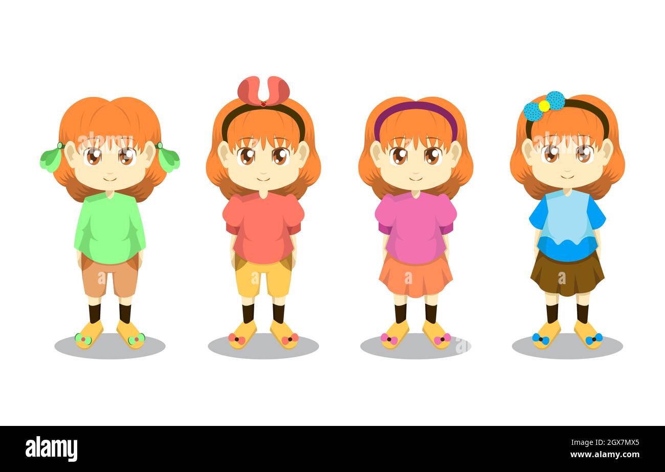 Kleines Mädchen Kind Kind Stehende Kleidung Haar Vorne Vektor Cartoon-Set Stock Vektor